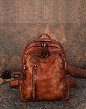 Best Brown Leather Rucksack Womens Vintage School Backpack With Rivet Leather Backpack Purse