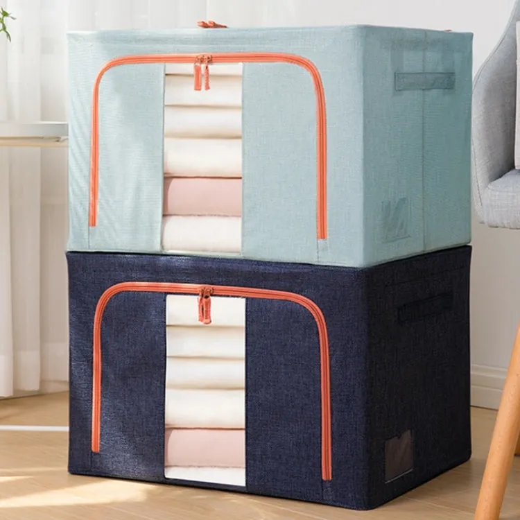 100L 60x42x40cm Fabric Steel Frame Quilt Clothing Storage Box Cotton Linen Storage Bag with Window(Baby Blue)