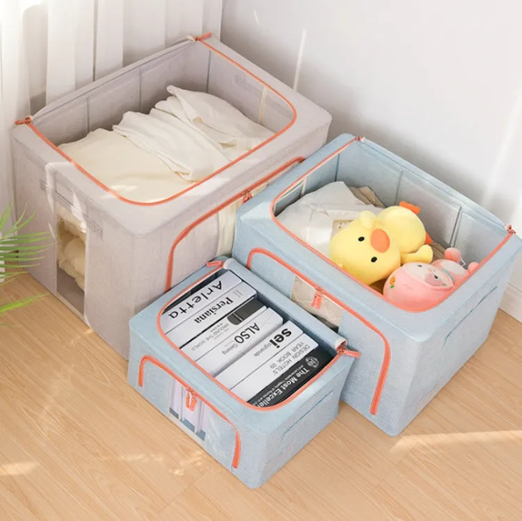 100L 60x42x40cm Fabric Steel Frame Quilt Clothing Storage Box Cotton Linen Storage Bag with Window(Baby Blue)