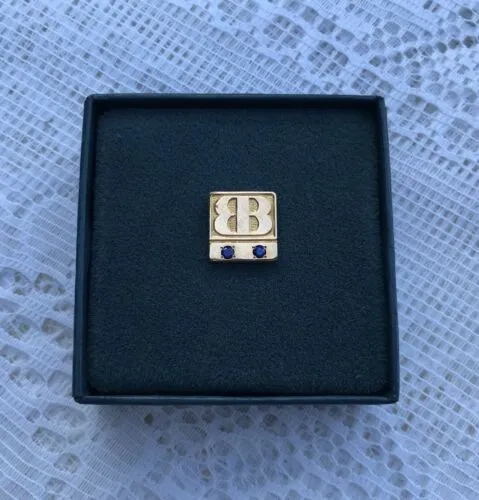 1/10 10k YLW Gold Terry Berry Pin W 2 Genuine Blue Sapphire Stones In Orgl. Box