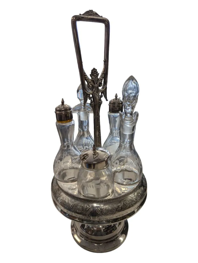 1900s 5 Bottle Etched Condiment Quadruple Set