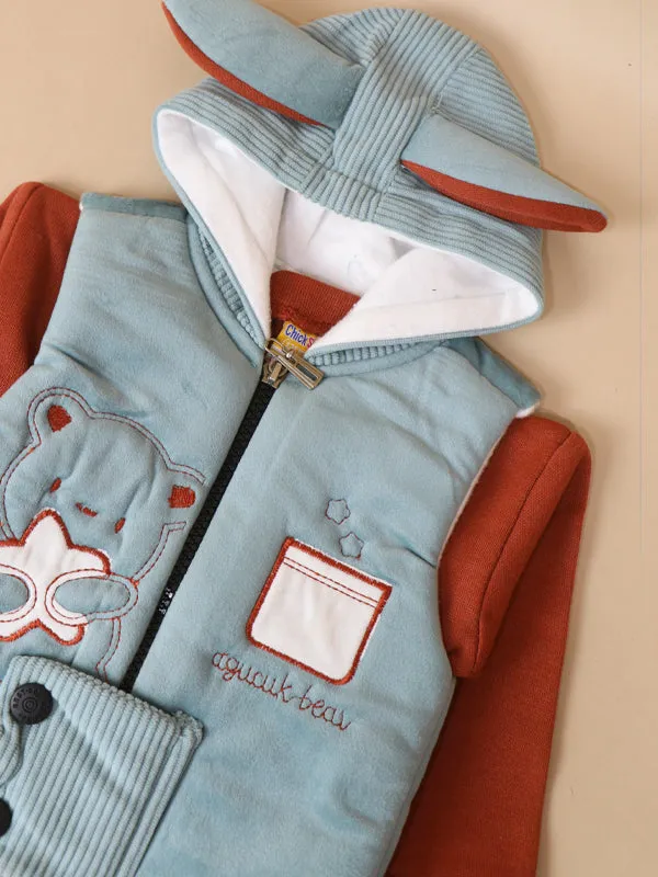 3Mth - 9Mth Teddy Light Cyan Hooded Baba Suit For Newborns AJ NBS141