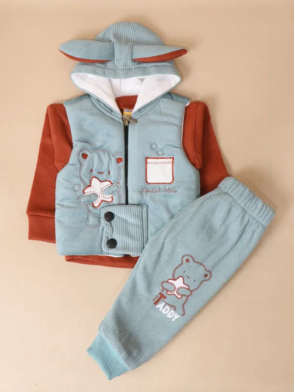 3Mth - 9Mth Teddy Light Cyan Hooded Baba Suit For Newborns AJ NBS141