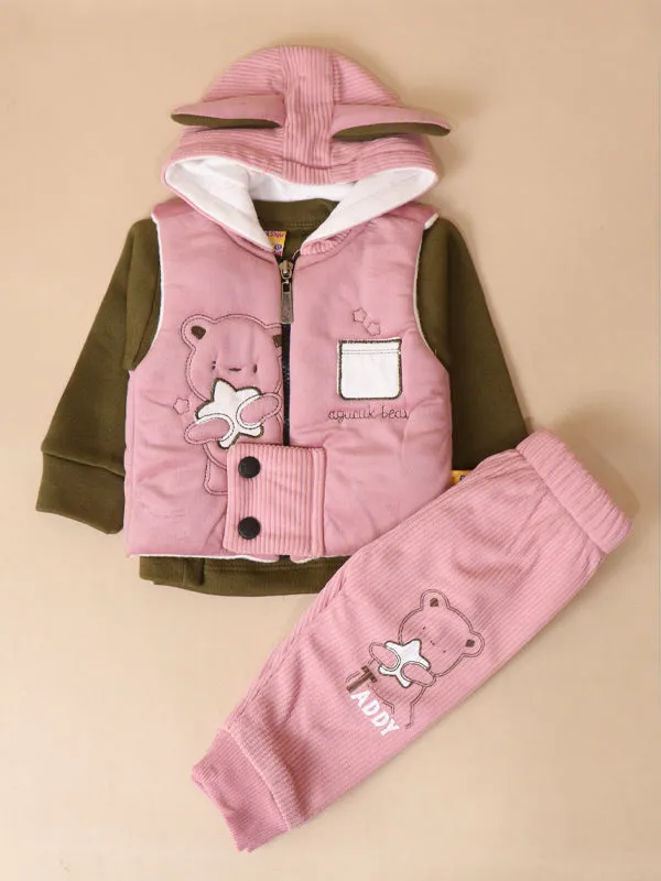 3Mth - 9Mth Teddy Light Pink Hooded Baba Suit For Newborns AJ NBS141