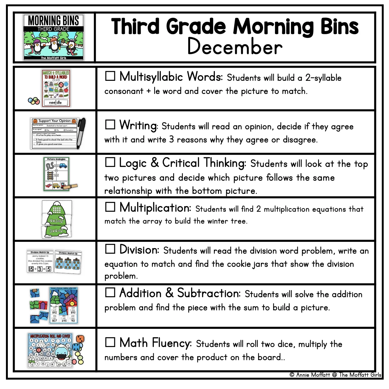 3rd Grade December Morning Bins | Printable Classroom Resource | The Moffatt Girls