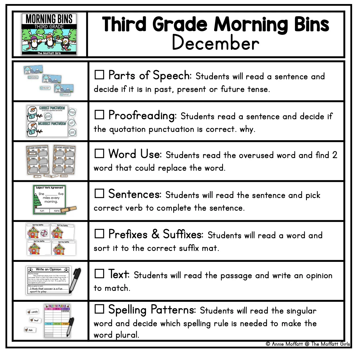 3rd Grade December Morning Bins | Printable Classroom Resource | The Moffatt Girls