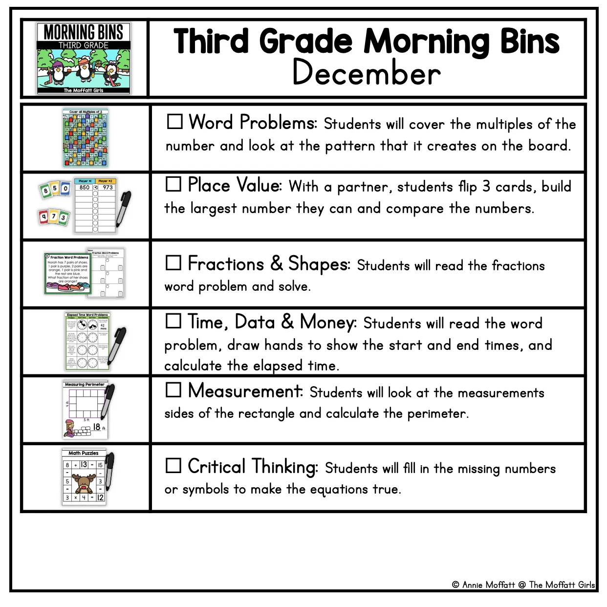 3rd Grade December Morning Bins | Printable Classroom Resource | The Moffatt Girls