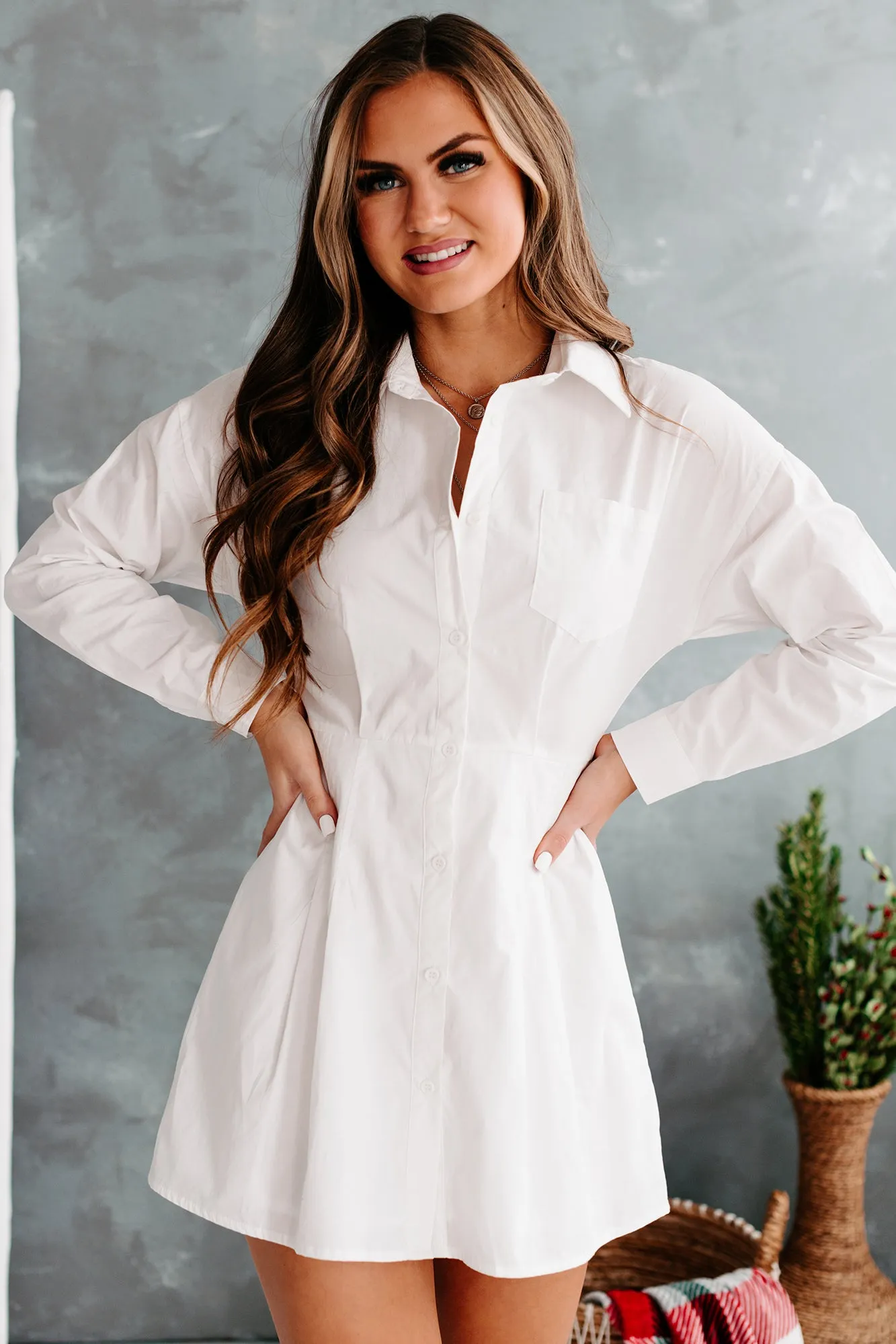 A Fine Romance Button-Front Pleated Shirt Dress (White)