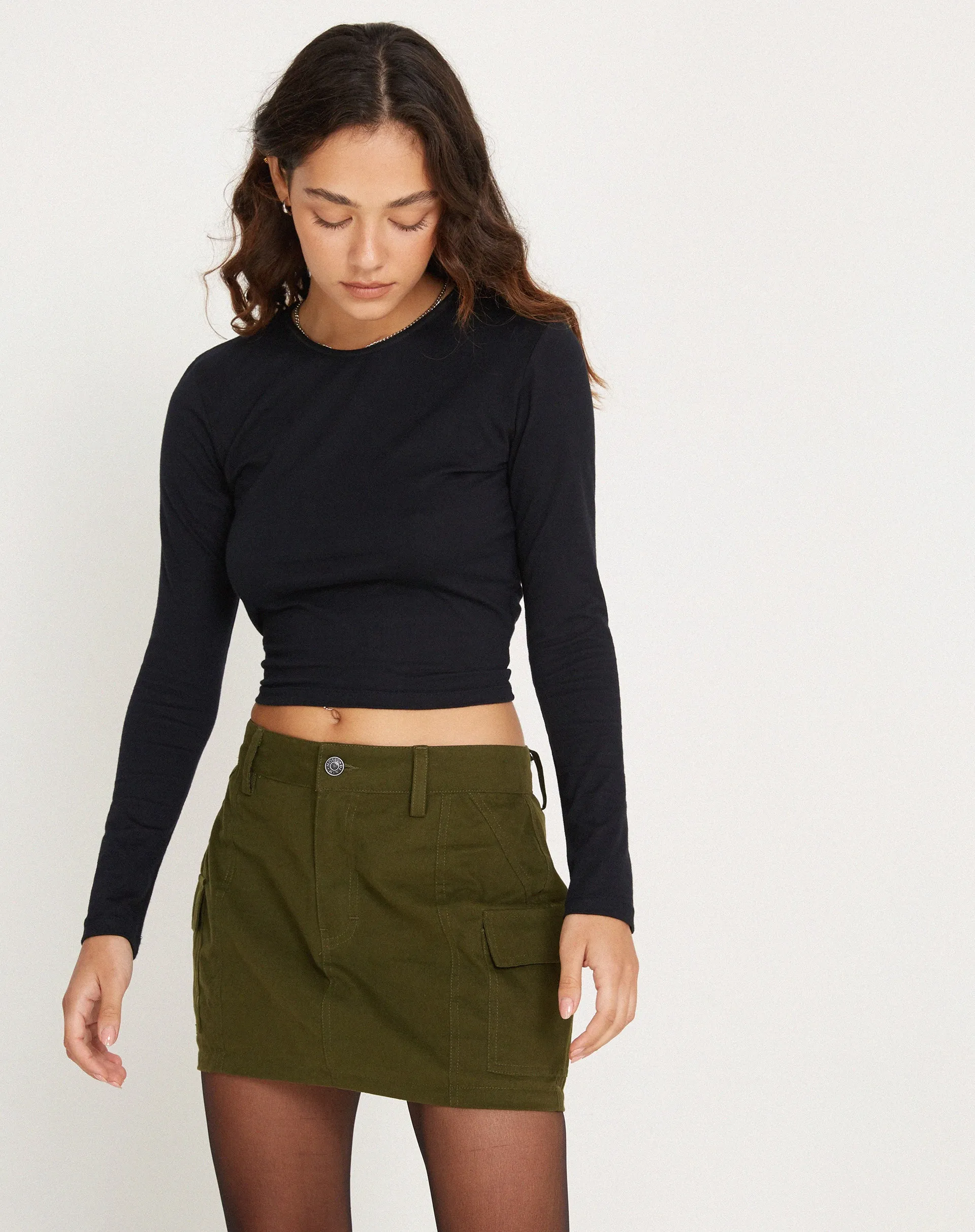 Ajeng Low Rise Cargo Mini Skirt in Dark Olive