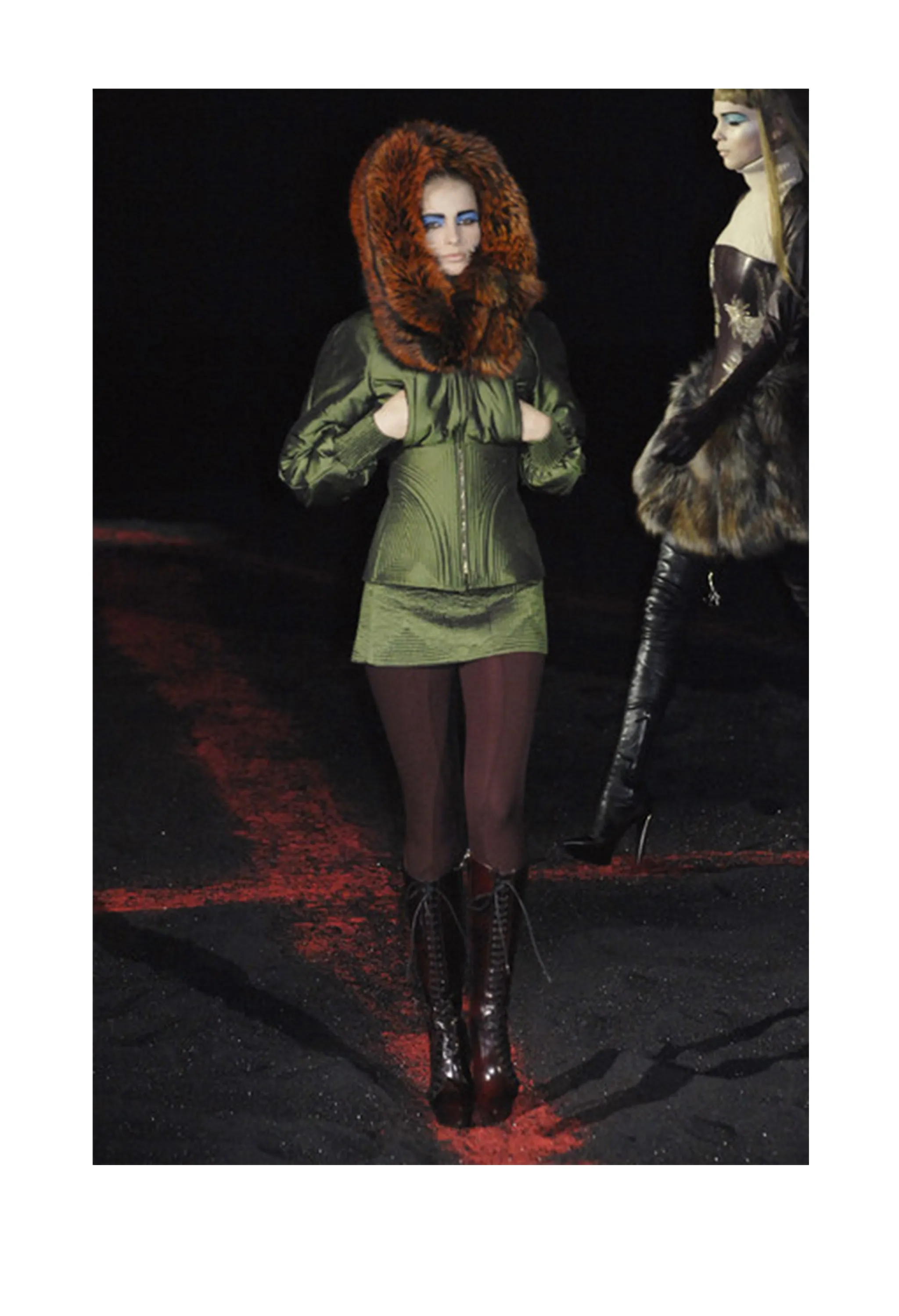 ALEXANDER MCQUEEN OLIVE GREEN & RED FOX FUR HOOD BOMBER 2007