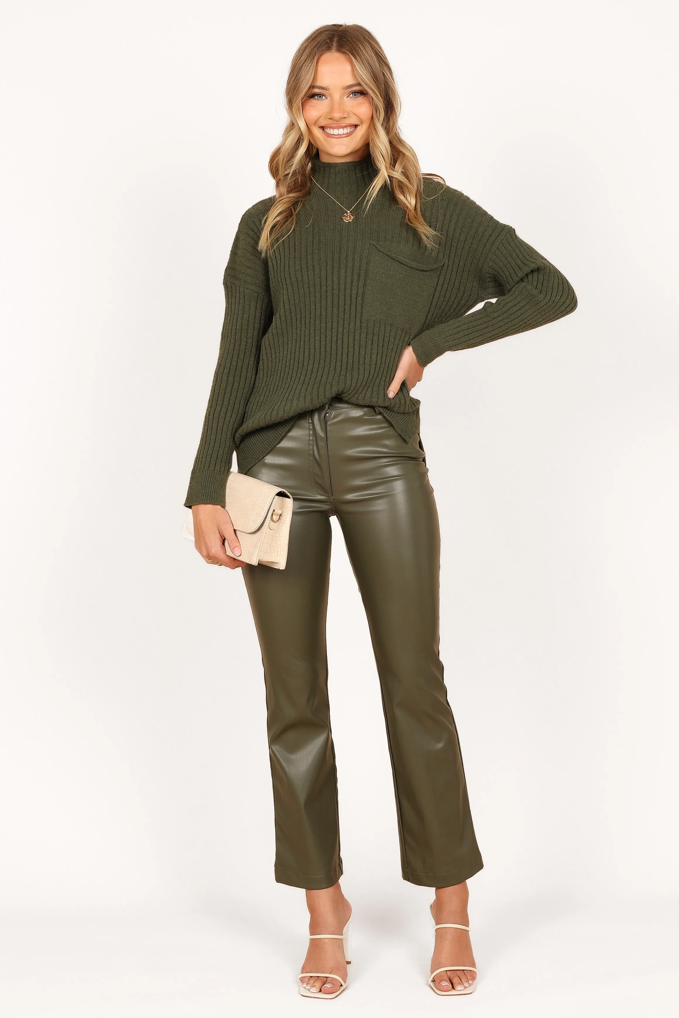 Alyssa Crewneck Oversized Pocket Knit Sweater - Olive