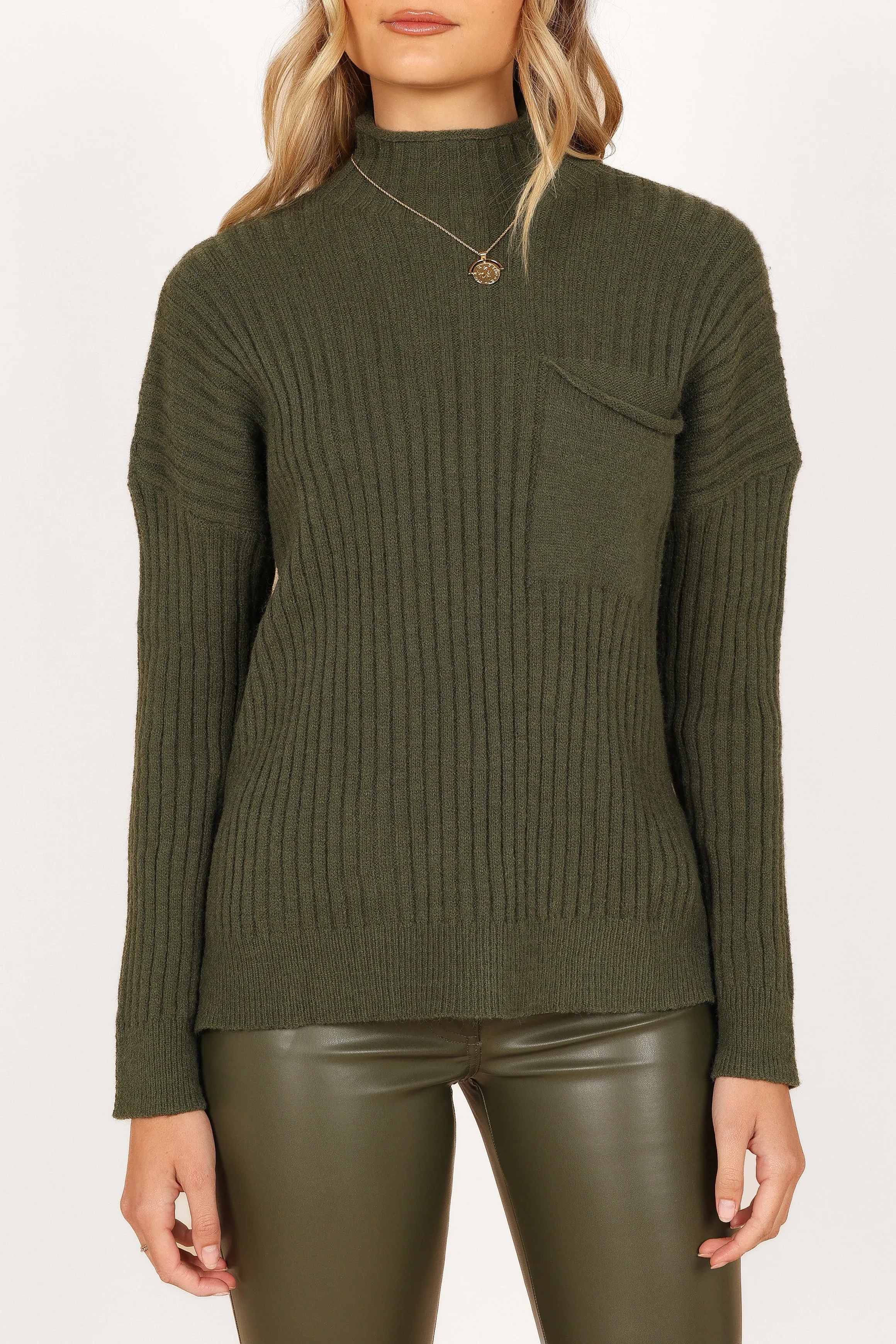 Alyssa Crewneck Oversized Pocket Knit Sweater - Olive