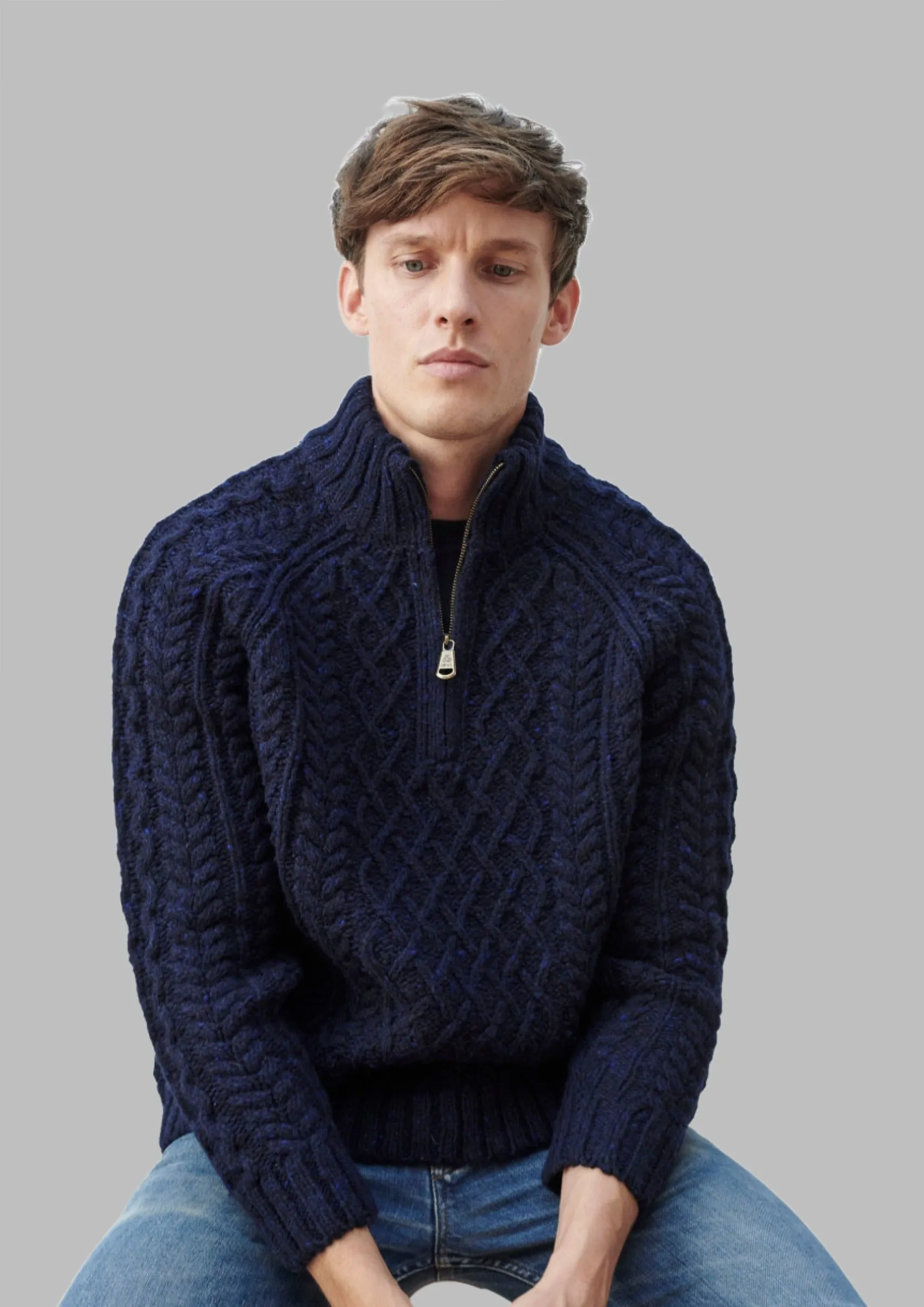 Aran Donegal Zip Sweater | Navy