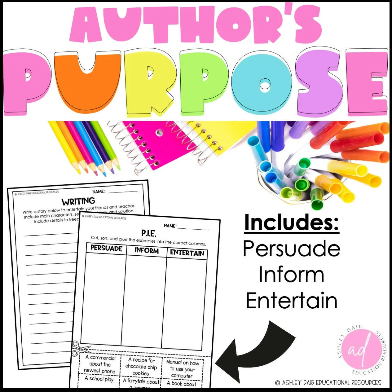 Author's Purpose Worksheets and Anchor Charts - Persuade Inform Entertain | Printable Classroom Resource |  Ashley's Golden Apples