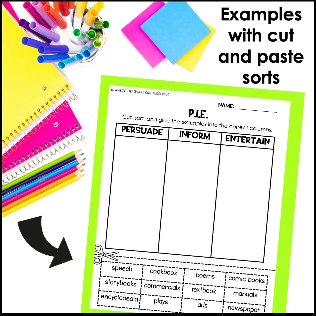 Author's Purpose Worksheets and Anchor Charts - Persuade Inform Entertain | Printable Classroom Resource |  Ashley's Golden Apples