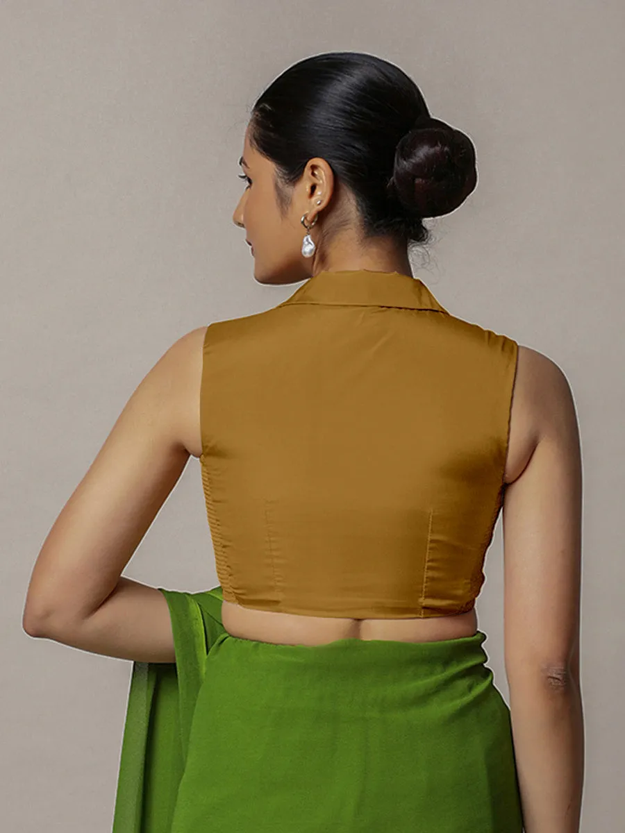 Avni x Rozaana | Bronze Gold Sleeveless FlexiFit™ Saree Blouse with Elegant Shawl Collar