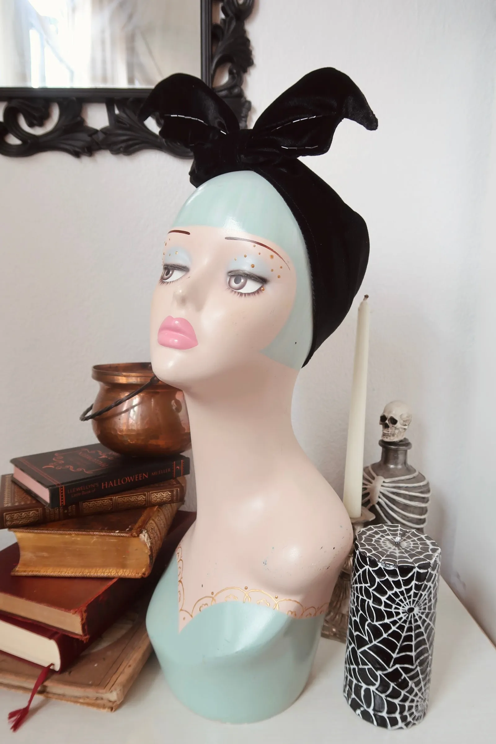 Bat Turban in Black Velvet with Beading (made to order)