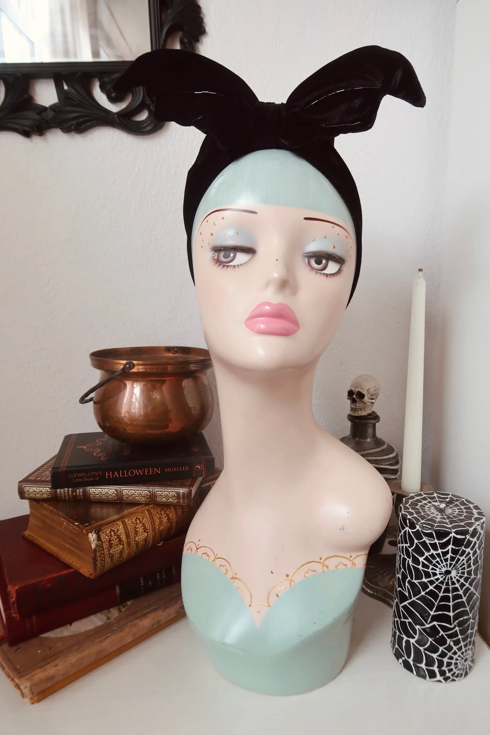 Bat Turban in Black Velvet with Beading (made to order)