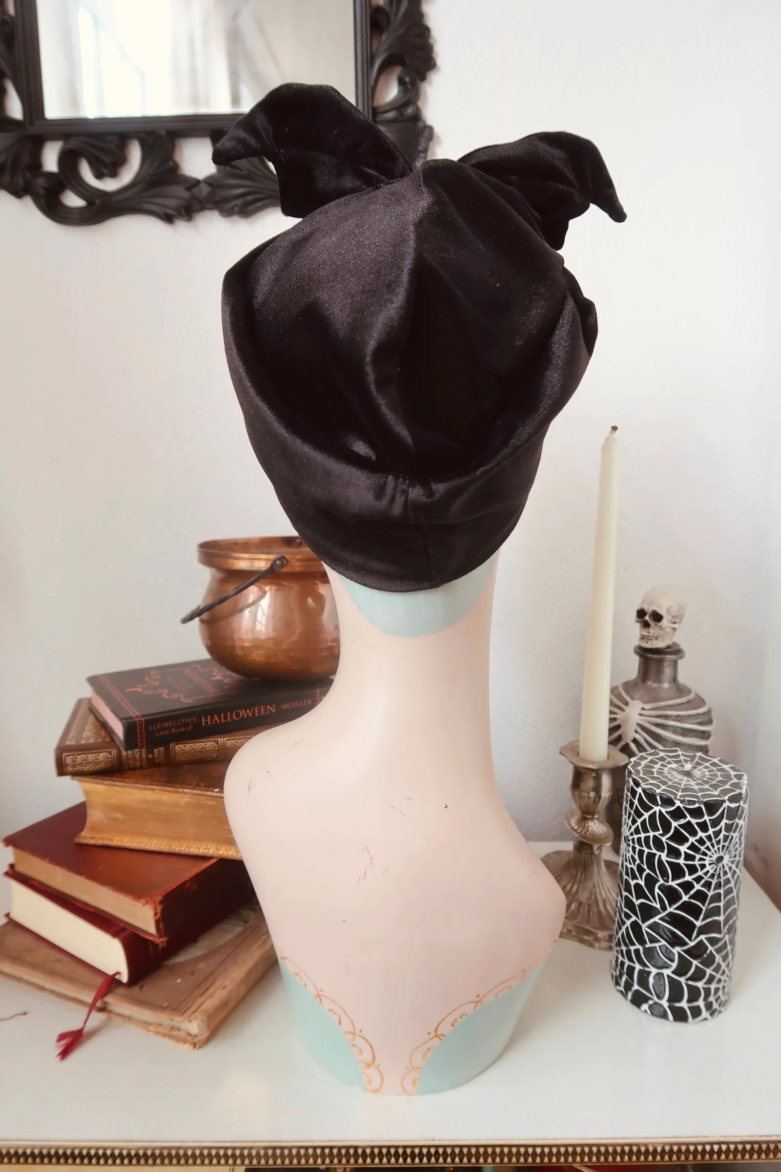 Bat Turban in Black Velvet with Beading (made to order)