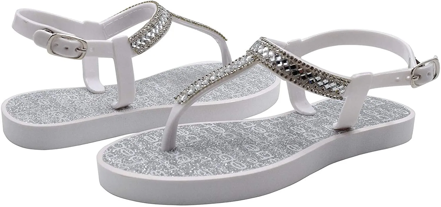 bebe Girls' Big Kid Slip-On PCU T-Strap Sandals with Rhinestones and Glitter Logo Footbed, Open-Toe Flat Fashion Summer Thong Shoes