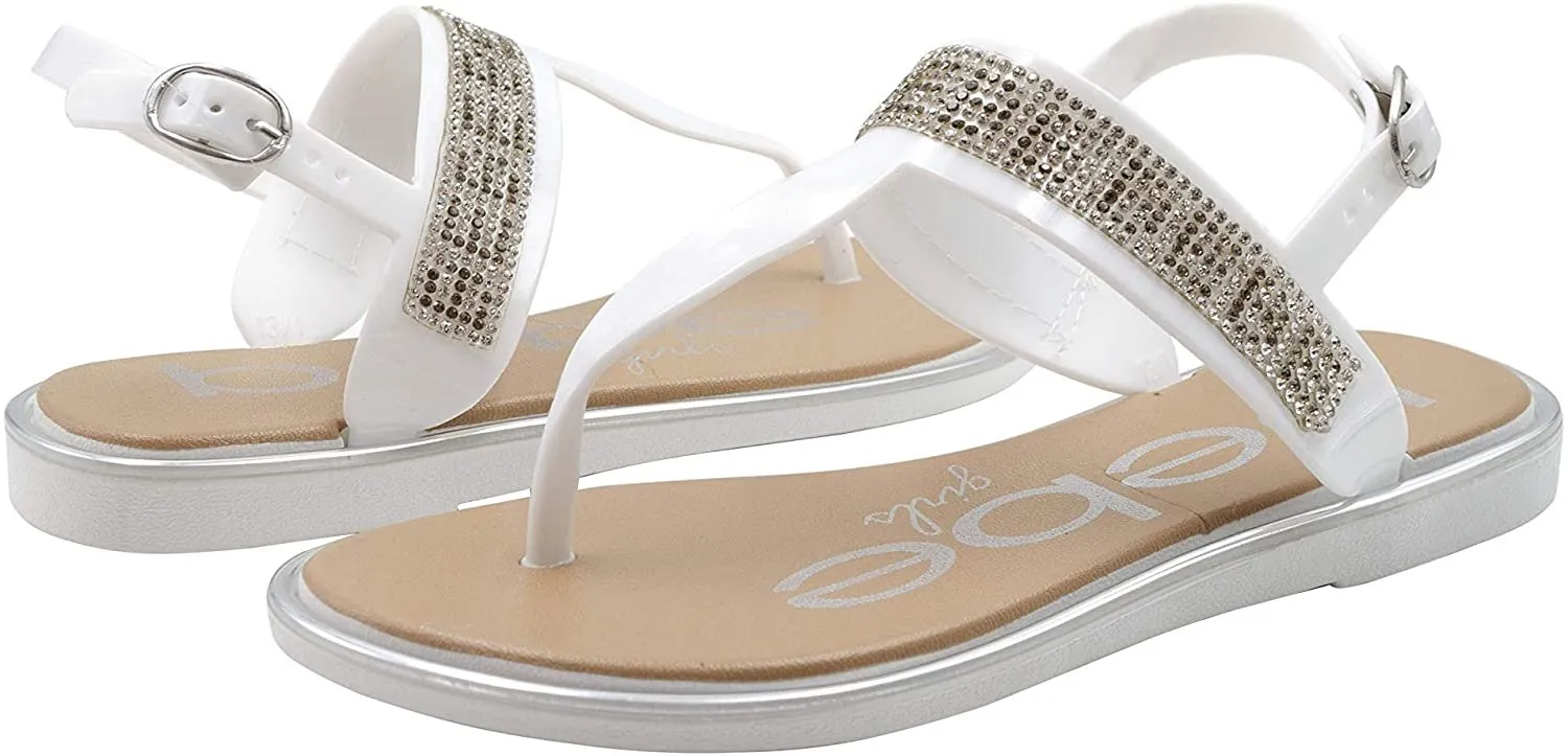 bebe Girls' Big Kid Slip-On PCU Thong Sandals with Rhinestone Logo, Open-Toe Flat Fashion Summer Thong Shoes