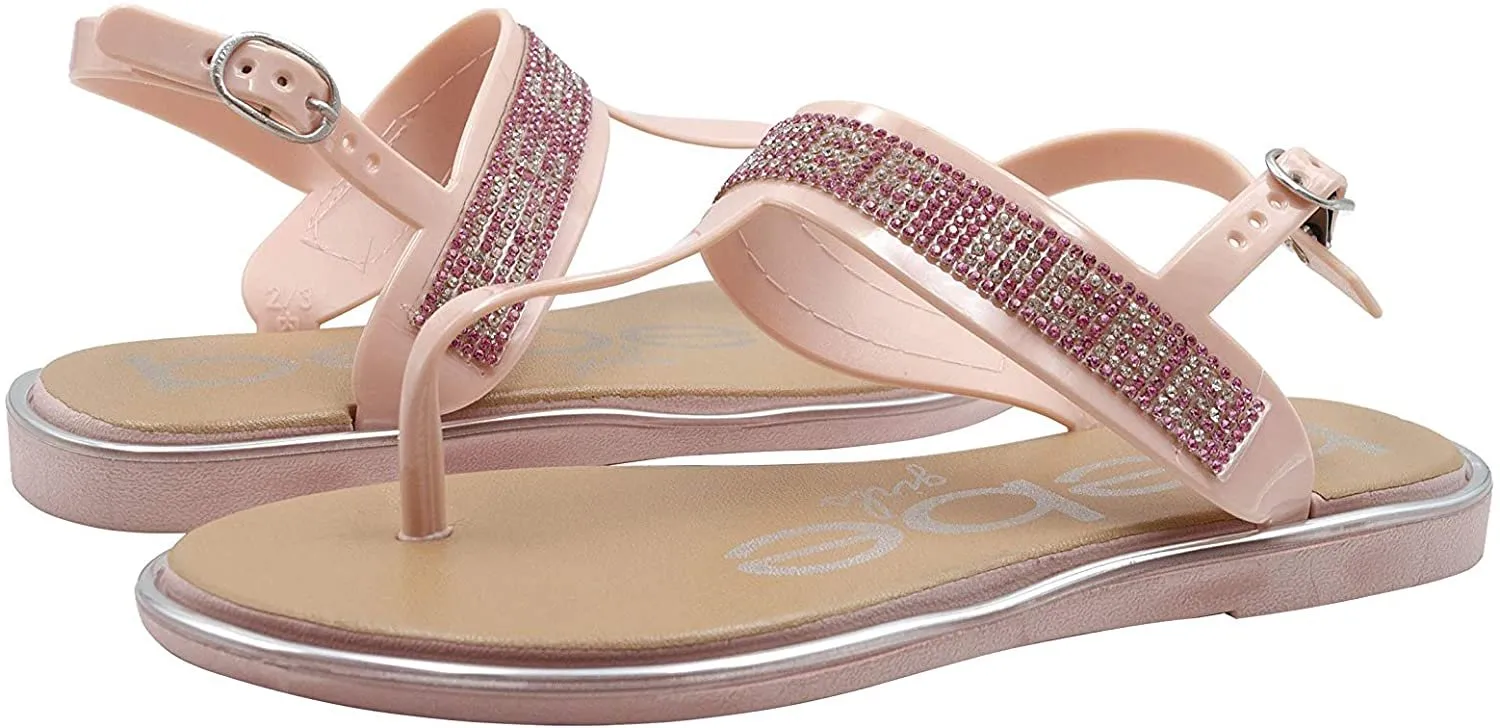 bebe Girls' Big Kid Slip-On PCU Thong Sandals with Rhinestone Logo, Open-Toe Flat Fashion Summer Thong Shoes