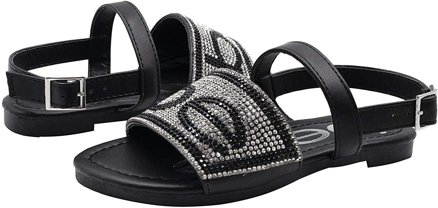 bebe Girls' Big Kid Slip-On Rhinestone Strap Sandals, Open-Toe Flat Fashion Summer Shoes