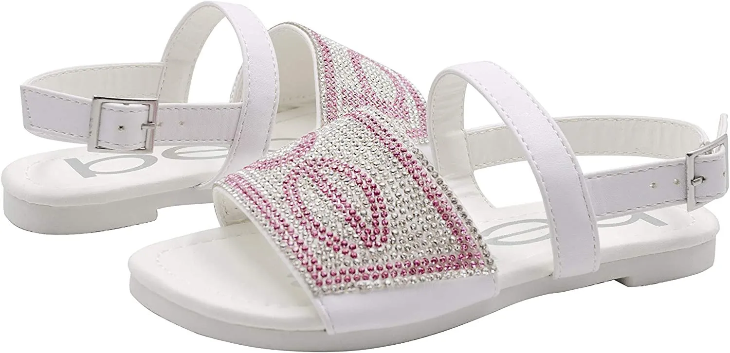 bebe Girls' Big Kid Slip-On Rhinestone Strap Sandals, Open-Toe Flat Fashion Summer Shoes