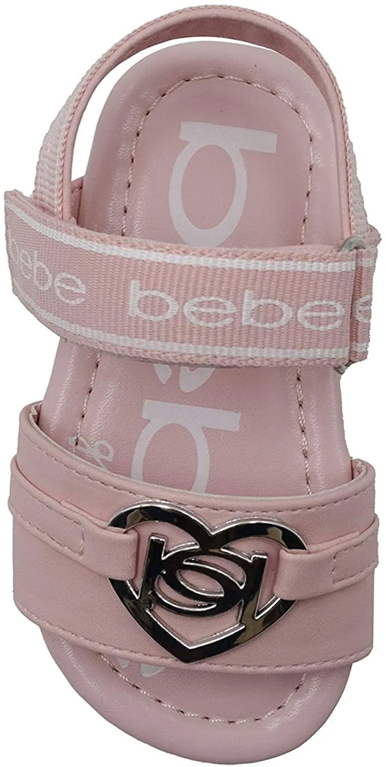 bebe Toddler Girls' Little Kid Slip-On Strappy Sandals with Logo and Back Strap, Open-Toe Flat Fashion Summer Shoes