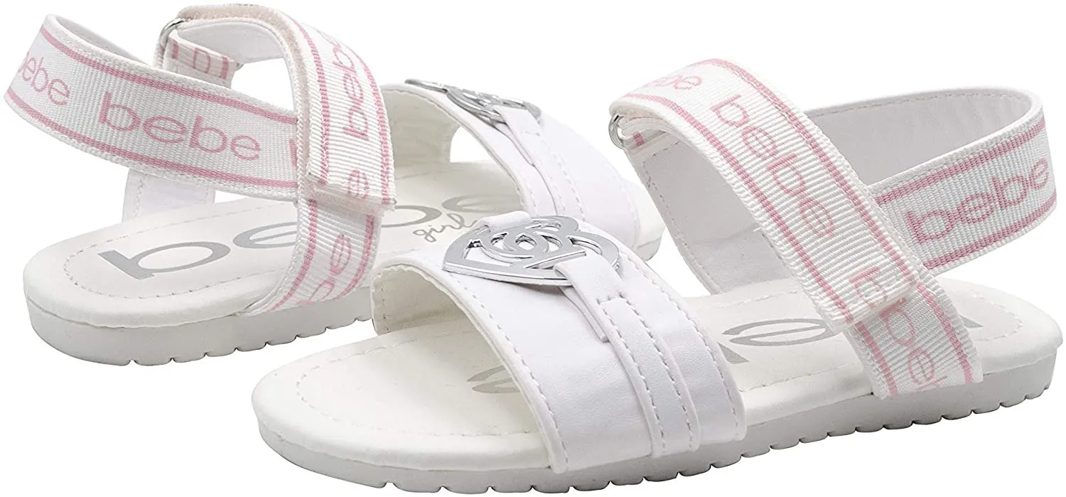 bebe Toddler Girls' Little Kid Slip-On Strappy Sandals with Logo and Back Strap, Open-Toe Flat Fashion Summer Shoes