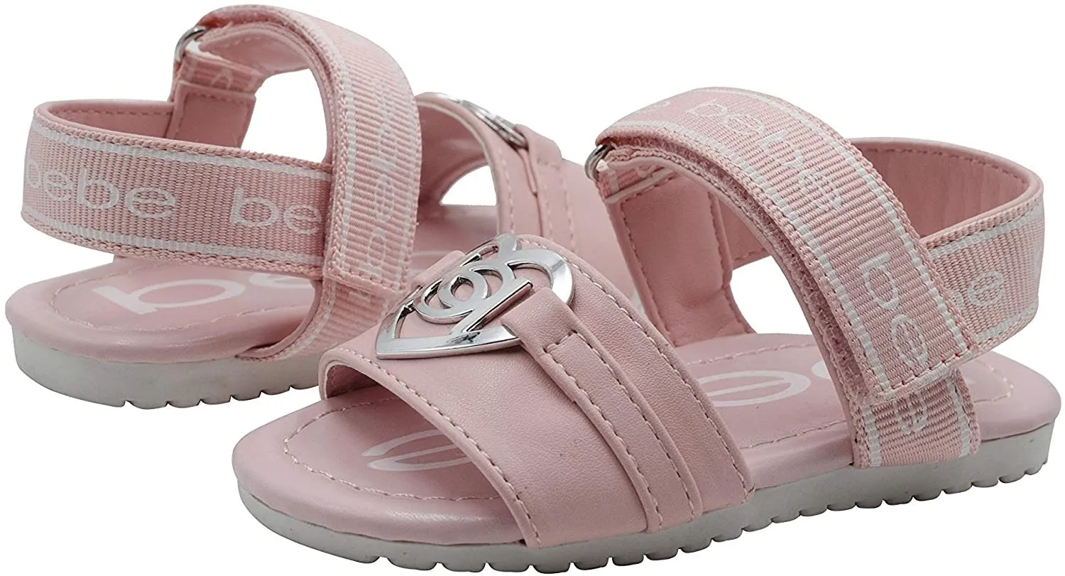 bebe Toddler Girls' Little Kid Slip-On Strappy Sandals with Logo and Back Strap, Open-Toe Flat Fashion Summer Shoes