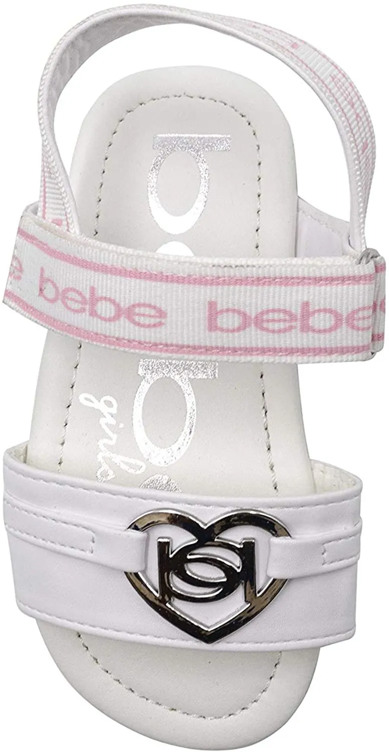 bebe Toddler Girls' Little Kid Slip-On Strappy Sandals with Logo and Back Strap, Open-Toe Flat Fashion Summer Shoes