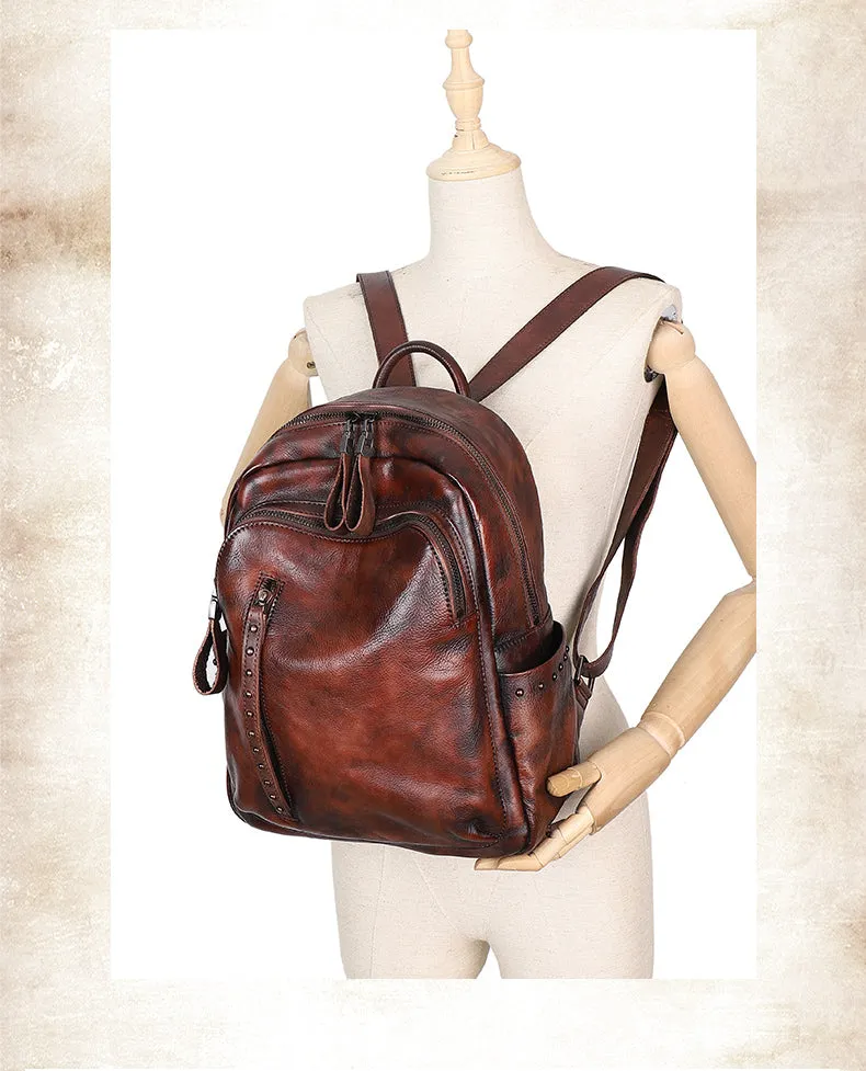 Best Brown Leather Rucksack Womens Vintage School Backpack With Rivet Leather Backpack Purse