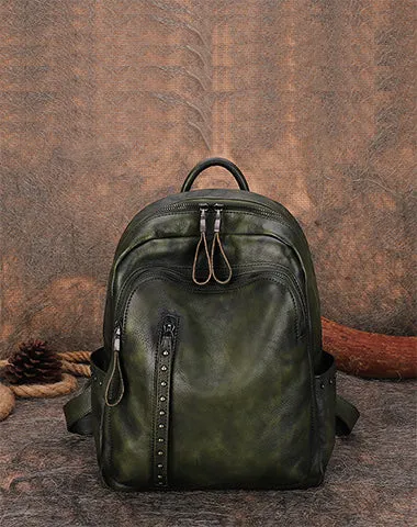 Best Brown Leather Rucksack Womens Vintage School Backpack With Rivet Leather Backpack Purse