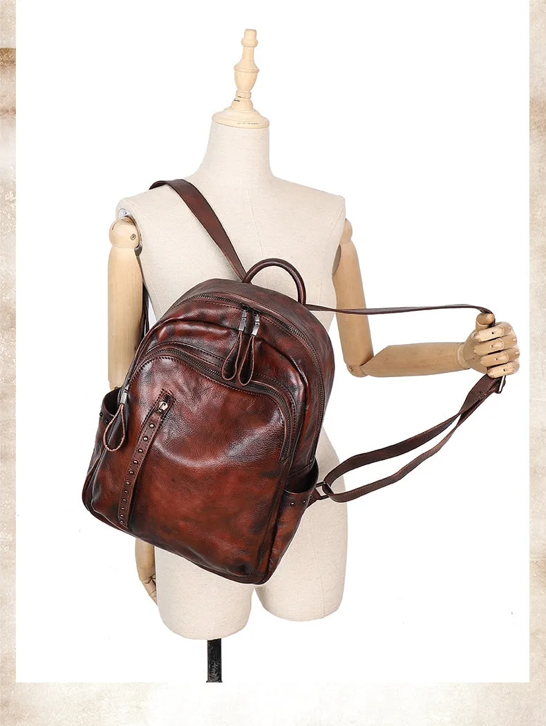 Best Brown Leather Rucksack Womens Vintage School Backpack With Rivet Leather Backpack Purse