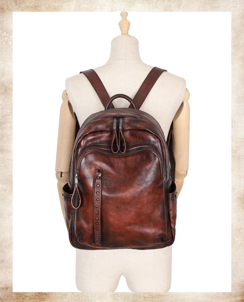 Best Brown Leather Rucksack Womens Vintage School Backpack With Rivet Leather Backpack Purse