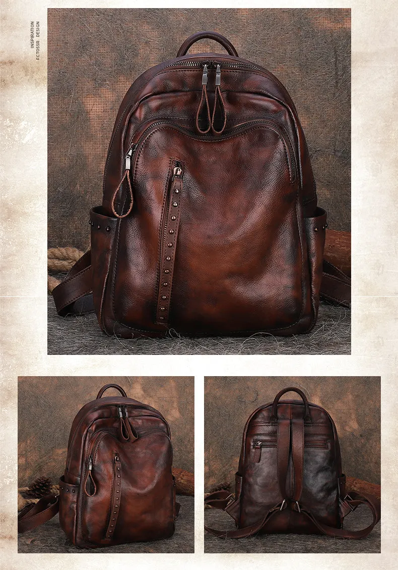 Best Brown Leather Rucksack Womens Vintage School Backpack With Rivet Leather Backpack Purse