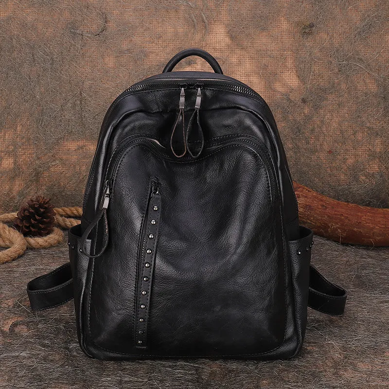 Best Brown Leather Rucksack Womens Vintage School Backpack With Rivet Leather Backpack Purse