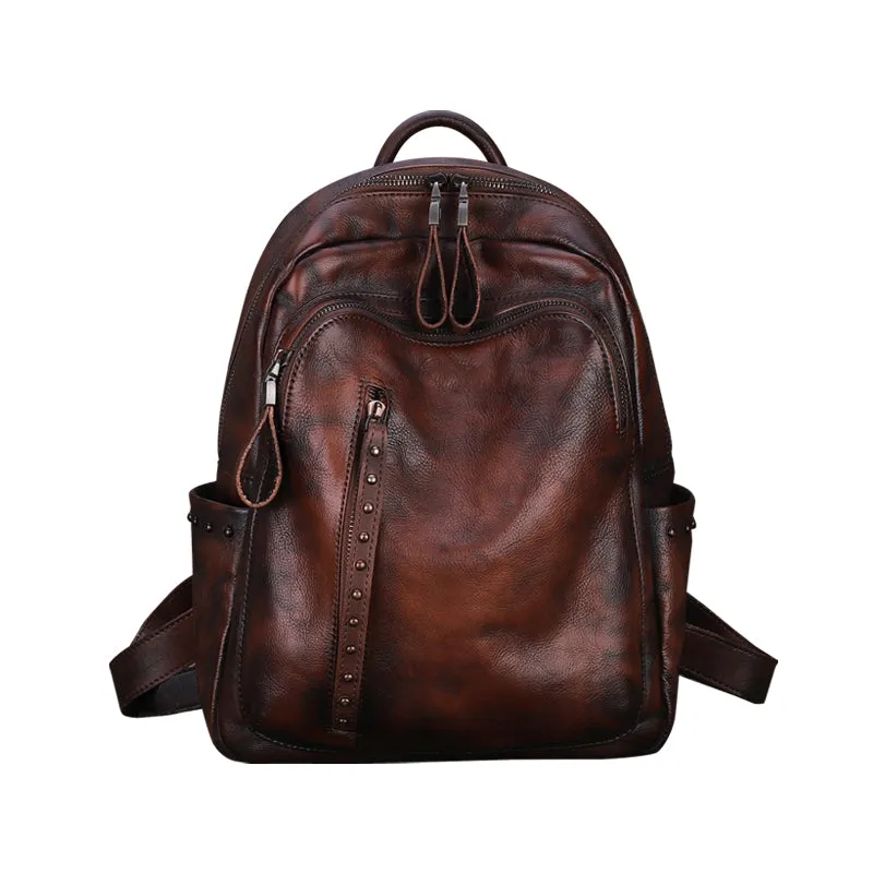 Best Brown Leather Rucksack Womens Vintage School Backpack With Rivet Leather Backpack Purse