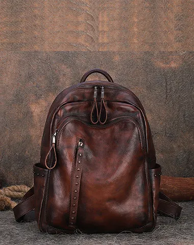 Best Brown Leather Rucksack Womens Vintage School Backpack With Rivet Leather Backpack Purse