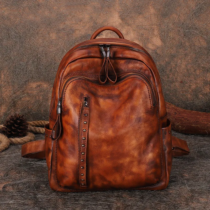 Best Brown Leather Rucksack Womens Vintage School Backpack With Rivet Leather Backpack Purse