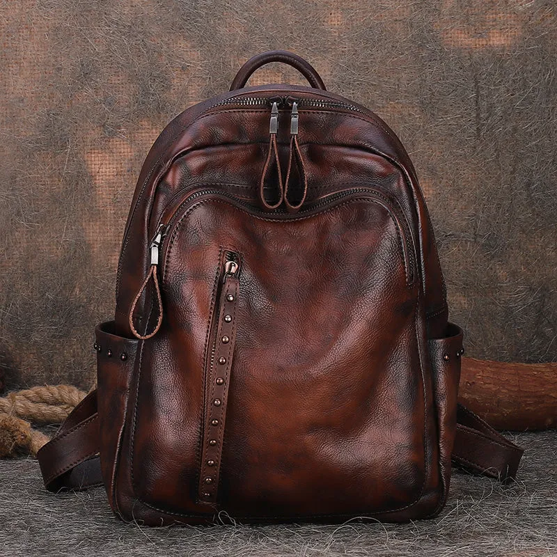 Best Brown Leather Rucksack Womens Vintage School Backpack With Rivet Leather Backpack Purse