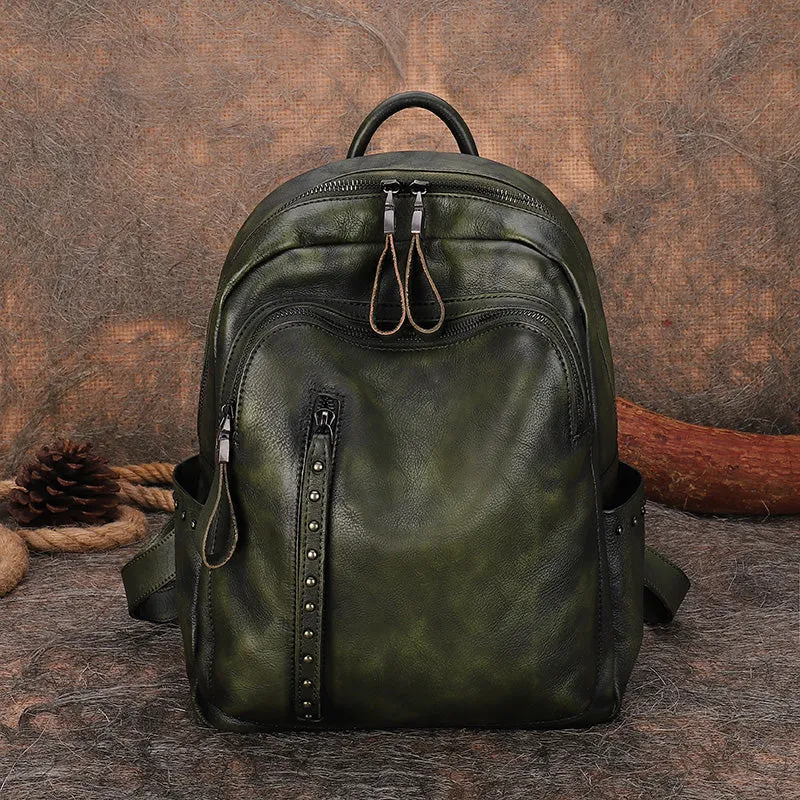 Best Brown Leather Rucksack Womens Vintage School Backpack With Rivet Leather Backpack Purse