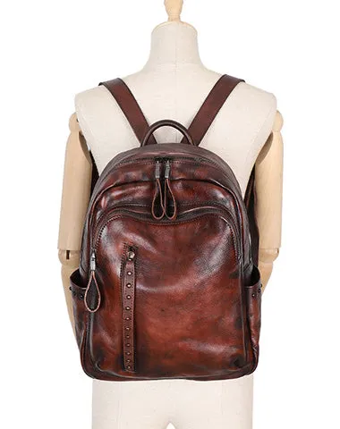 Best Brown Leather Rucksack Womens Vintage School Backpack With Rivet Leather Backpack Purse