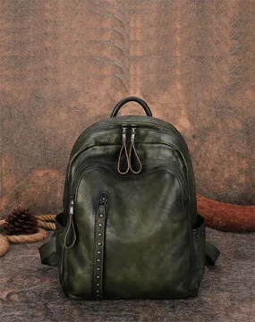 Best Green Leather Rucksack Womens Vintage School Backpack With Rivet Leather Backpack Purse