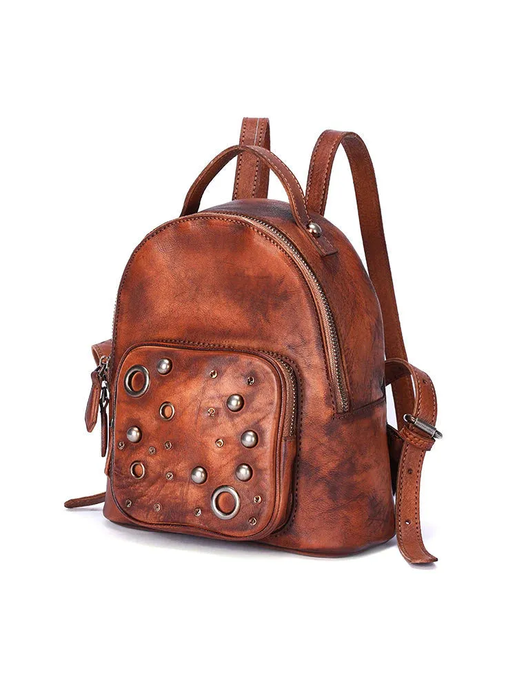 Best Vintage Rivet Green Leather Rucksack Womens Small School Backpacks Leather Backpack Purse