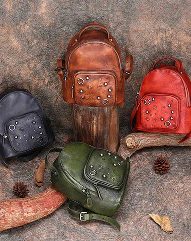 Best Vintage Rivet Green Leather Rucksack Womens Small School Backpacks Leather Backpack Purse