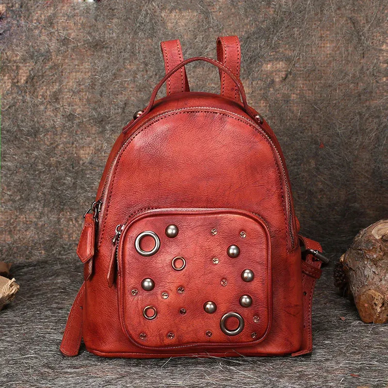 Best Vintage Rivet Green Leather Rucksack Womens Small School Backpacks Leather Backpack Purse