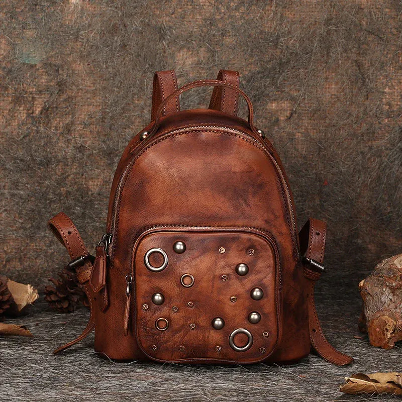 Best Vintage Rivet Green Leather Rucksack Womens Small School Backpacks Leather Backpack Purse