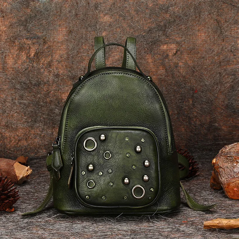 Best Vintage Rivet Leather Rucksack Womens Small School Backpacks Leather Backpack Purse